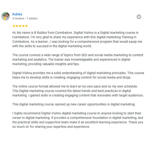 Digital Marketing Course in Coimbatore - Student Review