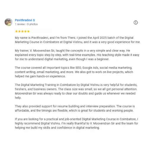 Digital Marketing Course in Coimbatore - Student Review 1