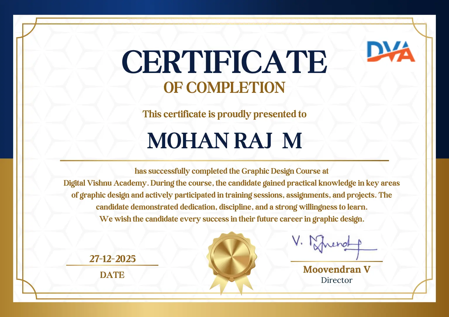 Graphic Design Course Completion Certificate from Digital Vishnu Academy