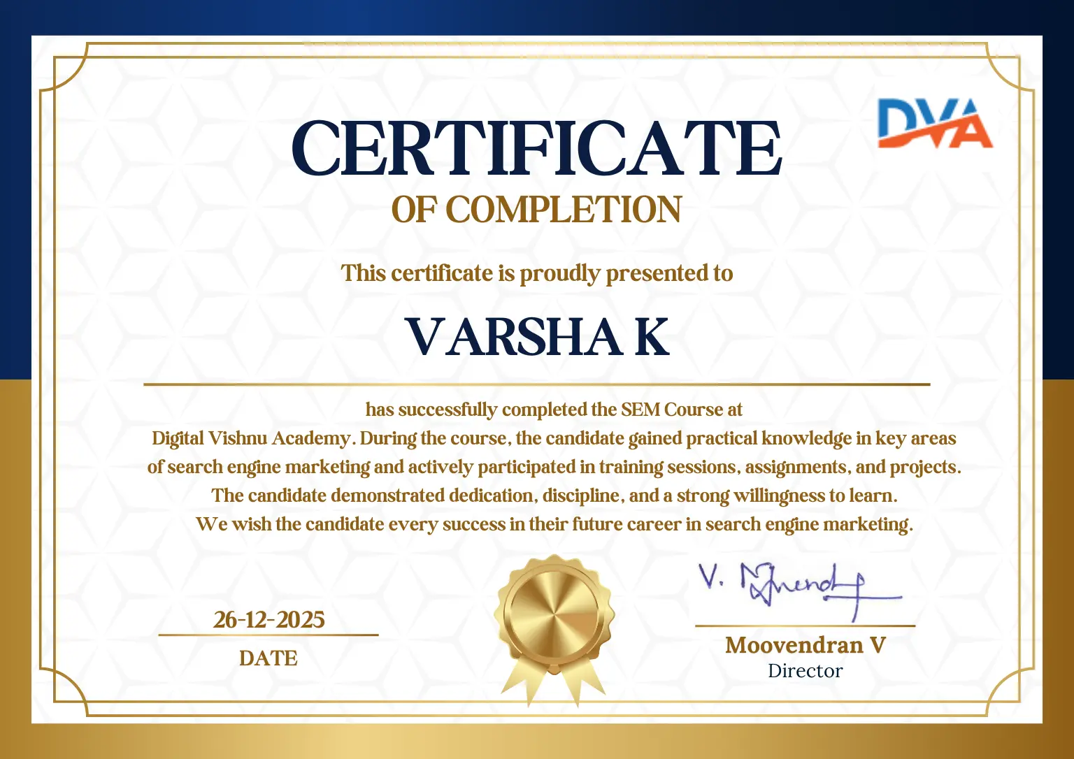 SEM Course Completion Certificate from Digital Vishnu Academy