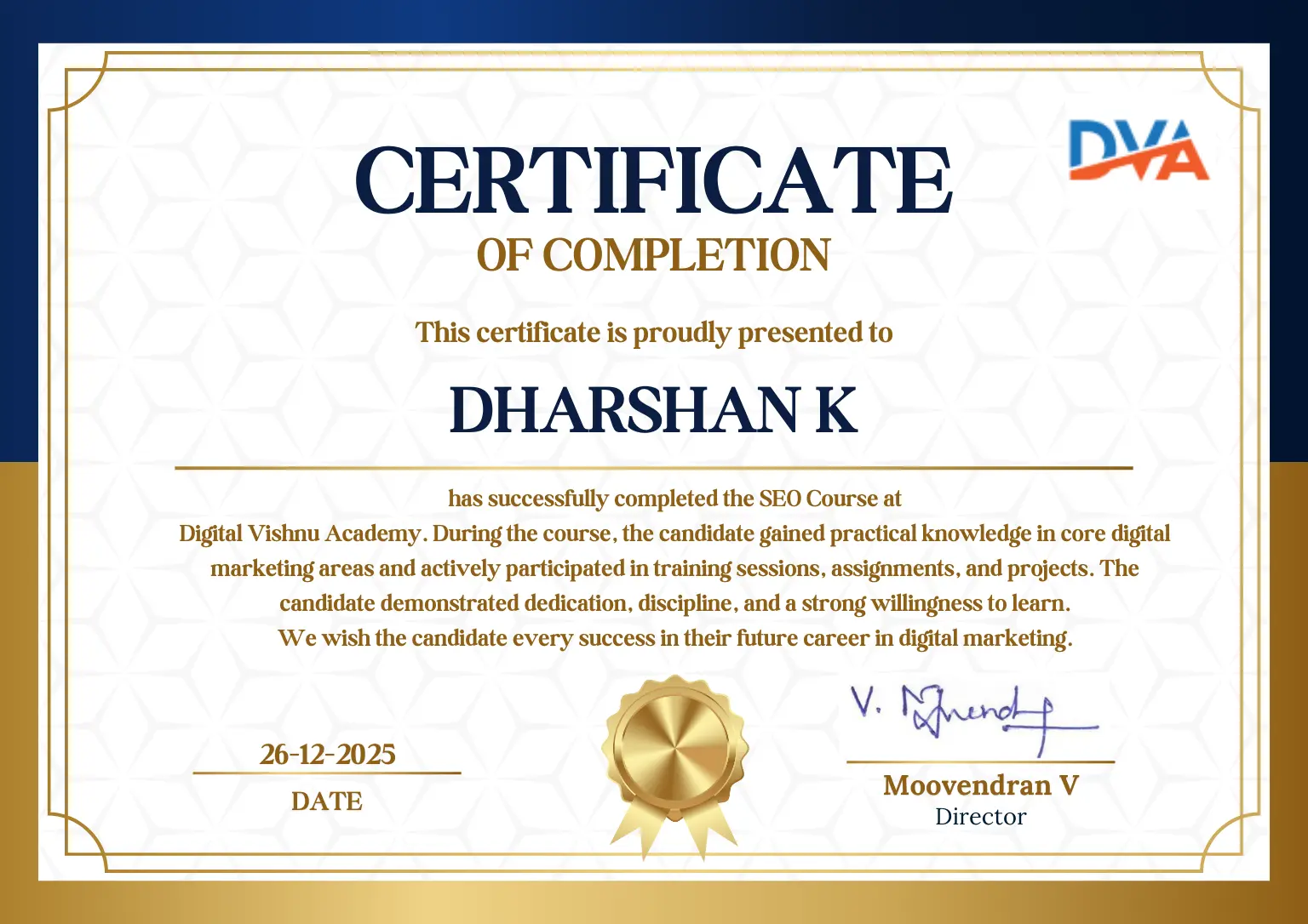 SEO Course Completion Certificate from Digital Vishnu Academy