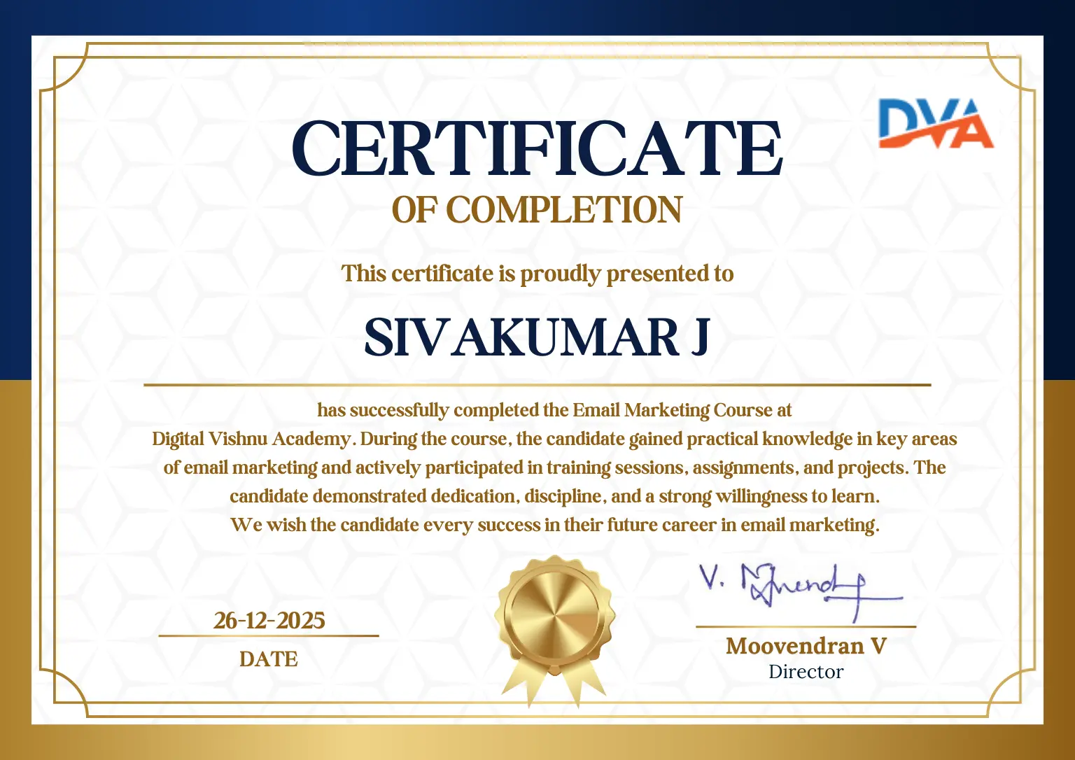 Email Marketing Course Completion Certificate from Digital Vishnu Academy