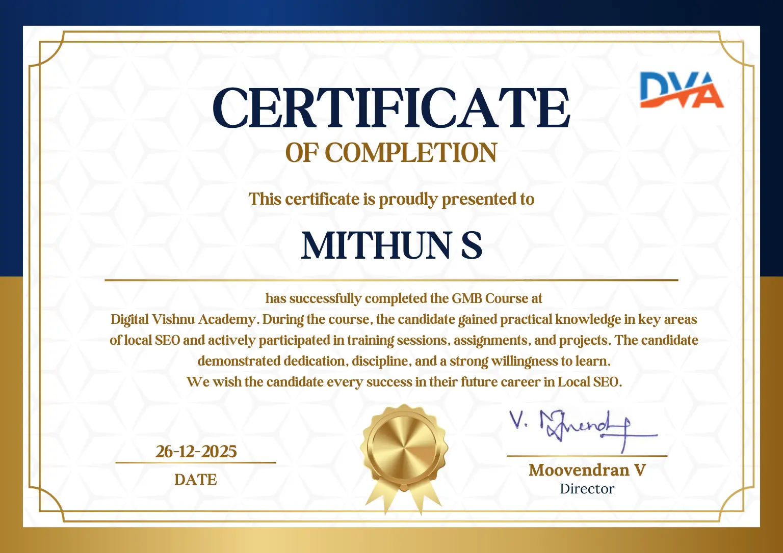 GMB Course Completion Certificate from Digital Vishnu Academy