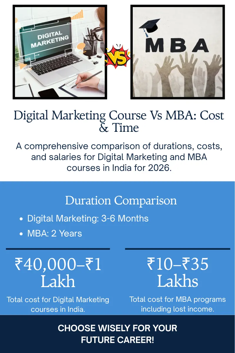 Digital marketing course vs MBA cost and time comparison infographic India 2026 — duration, fees, first job timeline and fresher salary