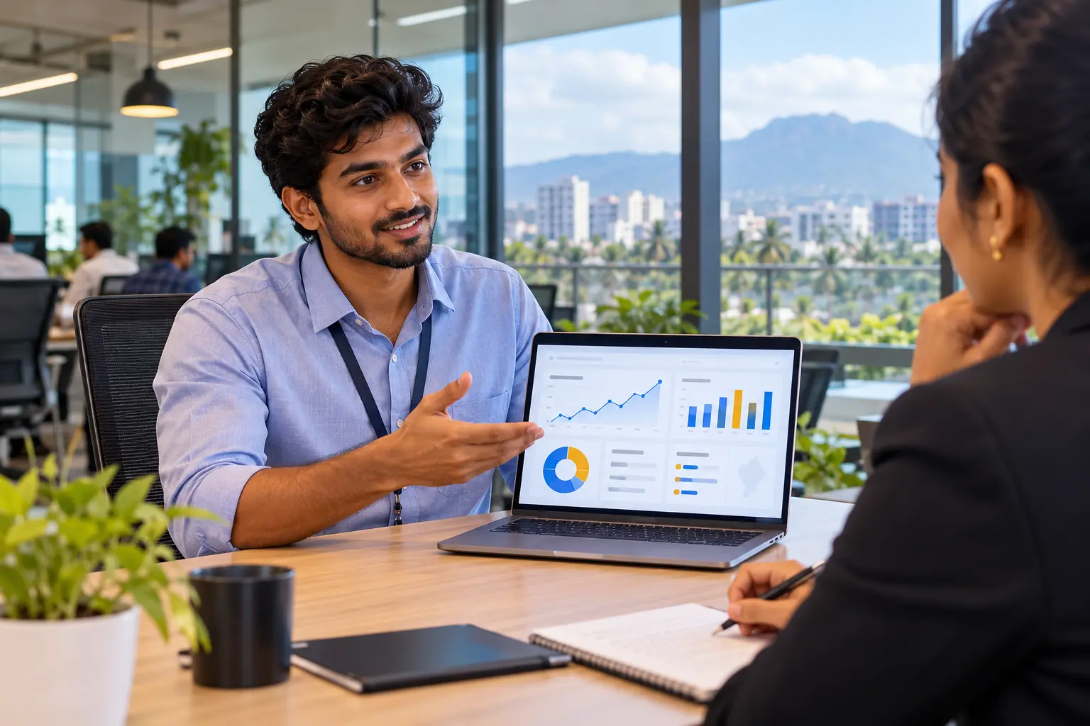 Fresher presenting a digital marketing portfolio in an interview
