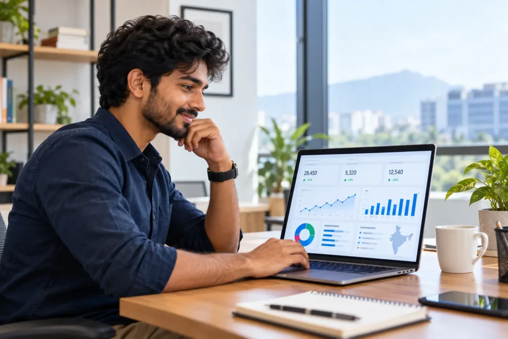 Fresher reviewing a digital marketing analytics dashboard